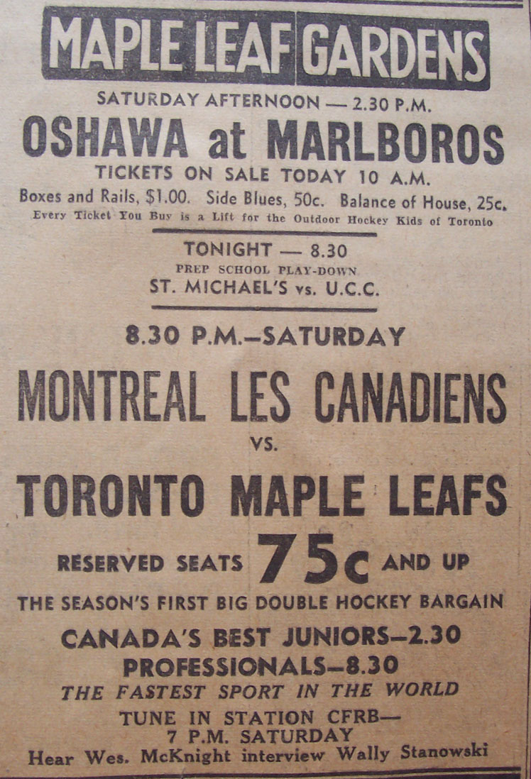 Maple Leaf Gardens ad in Toronto newspapers, 1940s