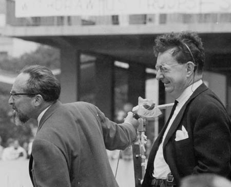 I.F. Stone (right) speaks at a Berkeley free speech movement demo, 1964.