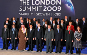 Summit host British Prime Minister Gordon Brown, front row centre, stands with the other G20 leaders during a group photo at the G20 Summit in the Excel centre in London, Thursday, April 2, 2009. Oddly enough Canadian Prime Minister Stephen Harper does not appear to be in this photo. He was apparently in the washroom, or loo as they say in the UK . (AP / Kirsty Wigglesworth).