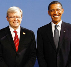 President Obama with Australian Prime Minister Kevin Rudd, somewhere in Pittsburgh. (Mcnamee/Pool/EPA).