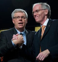 Greg Selinger (left) with Steve Ashton after the ballots were counted at Saturday's leadership convention. Selinger won with nearly 66% of the ballots cast. (David Lipnowski / Winnipeg Free Press).