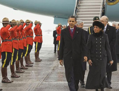 President Barack Obama is welcomed to Canada by Governor General MichaÃ«lle Jean and a contingent of Royal Canadian Mounted Police, February 19, 2009.