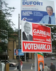 Conservative, Liberal, NDP, and BQ signs in the Westmount–Ville-Marie by-election, originally scheduled for September 8, 2008 – but finally pre-empted  by the October 14, 2008 general election, called on September 7. 