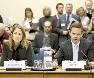 Richard Colvin testifies as he sits beside lawyer Lori Bokenfohr at Canadian House of Commons special committee on Afghanistan. We have subsequently learned that Mr. Colvin and Ms. Bokenfohr have also had a romantic relationship in the past – which probably means nothing for his testimony on Afghanistan, but is at least interesting.