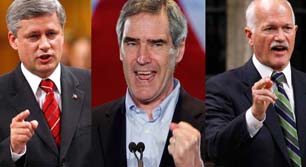 Stephen Harper (l), Michael Ignatieff (c), and NDP leader Jack Layton (r). Photograph by: Chris Wattie, Reuters. You might be excused if your answer to the question “which of these three men would you like to see as Canadian prime minister” was none of the above? But Mr. Layton is apparently the one gaining ground at the moment.