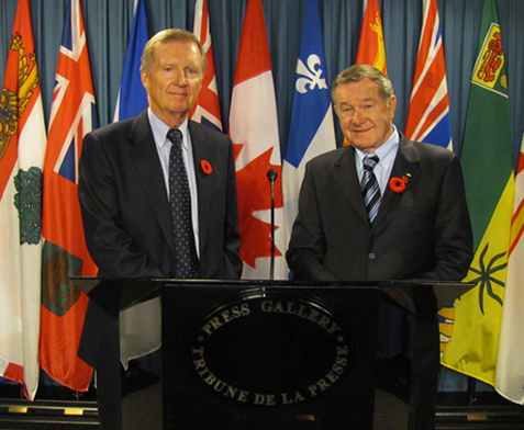 Ontario MLA Bob Runciman (left) and federal Senator Bert Brown Brown held a press conference on Parliament Hill on Monday, November 2, 2009, to urge members of the Ontario Legislative Assembly to support Runciman’s private member’s bill, the Senators’ Selection Act, when it comes up for a free vote on second reading on Thursday, November 5.
