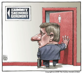 A Bruce MacKinnon cartoon for The Halifax Herald Limited.. Though inspired by another context, it nonetheless also seems to capture something about the man who is apparently trying to establish a new tradition of annually proroguing the democratically elected Parliament of Canada in December, to avoid any awkwardness it might present to his minority government, elected by less than 38% of the Canadian people.