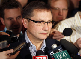 Alberta Premier Ed Stelmach takes questions during a scrum at the Alberta PC party's annual meeting in Red Deer. The Canadian Press. 