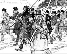 C.W. Jefferys’ famous enough sketch of the December 5 march down Yonge Street  in the Upper Canadian Rebellion of 1837. Not for the last time angry people would try to attack the provincial capital in Toronto. 