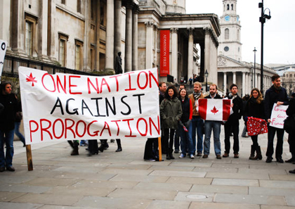 Early Saturday [January 23], the first rally of the day against Prime Minister Stephen Harper’s prorogation of Parliament got started an ocean away from Ottawa amid the opulent art galleries and bizarre street performers of London’s Trafalgar Square.