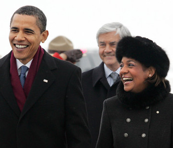 President Obama walks on tarmac with Governor General Jean, on arriving in Ottawa  for “first official foreign trip” since taking office, February 19, 2009.