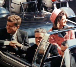 President Kennedy (left), Texas Governor John Connally, and Jacqueline Kennedy, minutes before the president was shot, Friday, November 22, 1963, in Dallas, Texas. Dallas Morning News/KERA-TV.