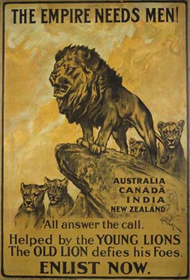 This UK Parliamentary Recruiting Committee poster urges men from the Dominions of the British Empire (and the South Asian Raj) to enlist for service in the First World War, 1914—1918.