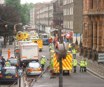 Emergency vehicles at Russell Square in London, just after the 7 July 2005 suicide bombings on the public transit system, that killed 52 people and injured about 700 more.