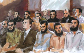 Artists’s impression of the 12 Melbourne men accused of being members of a terrorist organisation in court, August 2008.  Illustration: Anne Spudvilas.