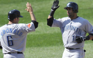 Blue Jays’ Jose Bautista (r) is congratulated by John McDonald after hitting two-run homer during eighth inning against Baltimore Orioles, Sunday, April 11, 2010 in Baltimore. The  Jays won 5-2. AP Photo/Gail Burton.