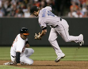 Jays’ second baseman Mike McCoy (r) tags out Orioles’ base runner Caesar Izturis  on a stolen base attempt, April 10. REUTERS/Joe Giza.