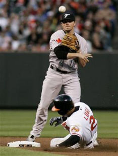 Mike McCoy throws to first to complete a double play after forcing out Orioles base runner Julio Lugo at second, April 10. REUTERS/Joe Giza.