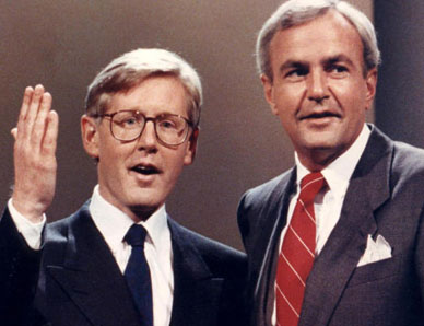 Bob Rae (l) and David Peterson prepare for an election debate in August 1990. Not too long before, their 1985 Liberal-NDP Accord ended 42 years of – albeit rather “Red” – Tory domination in Ontario provincial politics, even though Frank Miller’s Progressive Conservatives still had the single largest number of seats in the legislature at Queen’s Park. Hans Deryk / The Canadian Press.