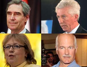 Clockwise from top left:  Liberal leader Michael Ignatieff, Bloc Quebecois leader Gilles Duceppe, New Democratic Party leader Jack Layton, and Green Party of Canada leader Elizabeth May. If shares of Canada-wide popular vote in recent opinion polls were all that counted, it would only take three of these leaders to form a stable majority coalition government in Ottawa. Alas, real political life is not quite so simple?