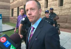 Former Ontario attorney-general Michael Bryant outside court building in old Toronto city hall. May 25, 2010. 