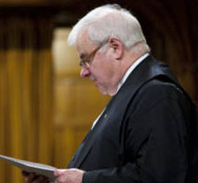 Speaker of the Canadian House of Commons Peter Milliken stands during question period,  Tuesday 11 May 2010. He granted an extension to the parties until Friday after his ruling two weeks ago that the government's refusal to hand over documents on Afghan detainees violates the privileges of MPs. All parties reached an agreement in principle on implementing his ruling by the end of the Friday extension. Photo: The Canadian Press.