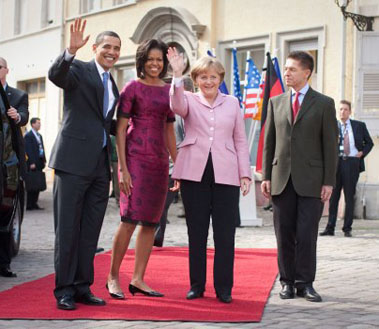 President Barack Obama and First Lady Michelle Obama are welcomed by German Chancellor Angela Merkel and her husband, professor Joachim Sauer, to Rathaus in Baden-Baden, Germany. April 2009.