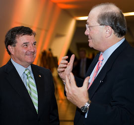Senator Hugh Segal instructs Minister of Finance Jim Flaherty about something – maybe even Senate reform? – at Gala Dinner at Royal Ontario Museum, 2008.