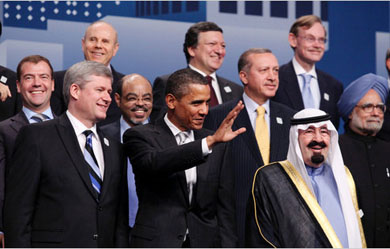 “President Obama and other world leaders at the Group of 20 summit meeting in Toronto on Sunday” (including Prime Minister Harper). Luke Sharrett/The New York Times.