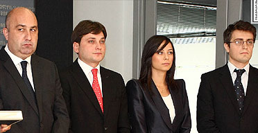 President Mikheil Saakashvili’s four new appointees to Georgian government, June 25, 2010. From l to r: Ramaz Nikolaishvili, minister for regional development; Lado Vardzelashvili, minister in charge of youth and sports; Vera Kobalia, economy minister; and Tornike Gordadze, deputy foreign minister in charge of EU relations. Photo: InterPressNews. 