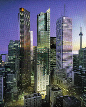 Early 21st century Toronto financial district, on a warm summer night. To the left, with a big red S on top, is Scotia Plaza – effective headquarters of the old Bank of Nova Scotia, whose official head office is still in Halifax.