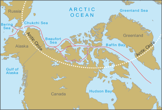 Red lines are possible routes for traversing the Northwest Passage. Geology.com/MapResources.