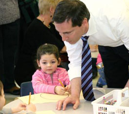 Premier Dalton McGuinty visits with kindergarten children at Victor Lauriston Public School in Chatham, January 12, 2009. Aaron Hall Photo.